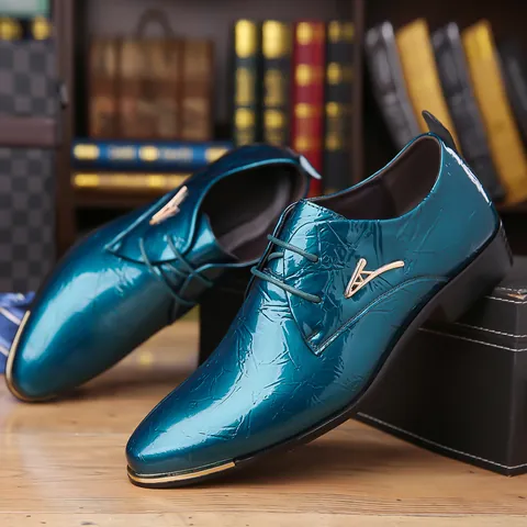 Men's Pointed Toe Derby Shoes Shiny Metallic Patent Leather Business Formal Wedding Party Lace-up Non-slip Shoes