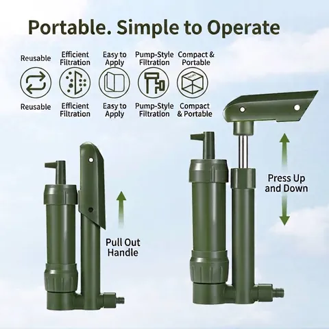 Depuratore d'Acqua Portatile Verde Militare a Pressione Manuale con Membrana per Ultrafiltrazione in Fibra di Carbonio Attivo per Outdoor