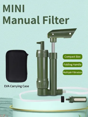 Mini Purificatore Portatile Filtro Acqua a Pressione Manuale Per Sopravvivenza Emergenza Campeggio Escursionismo Verde Militare