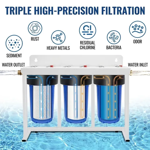 Système de Filtre à Eau pour Camping-Car à 3 Étapes Purificateur d'Eau Haute Efficacité Avec Support pour Camping-Car Camping en Plein Air Élimine les Métaux Lourds Chlore Sédiments