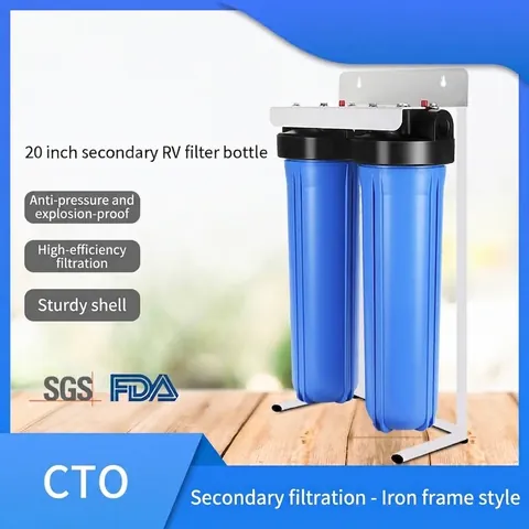 Système de Filtration d'Eau pour Camping-Car RV Filtration à Deux Étapes Haute Capacité Réduction Rouille Sédiments Support Métal Blanc
