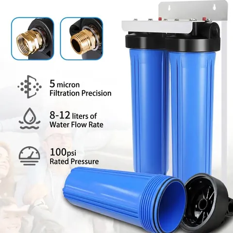 Système de Filtration d'Eau pour Camping-Car RV Filtration à Deux Étapes Haute Capacité Réduction Rouille Sédiments Support Métal Blanc