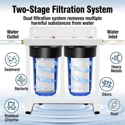 RV Wasserfiltersystem 10 Zoll Zweistufige Ganzhausfiltration mit Metallhalterung PP CTO Kohlefilter für Waschmaschine