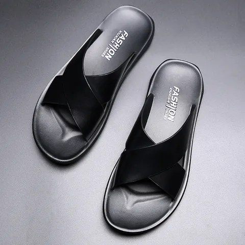 Men Casual Outdoor Slides Non-Slip Criss-Cross Strap Sandals Breathable Soft Microfiber Leather Slippers Summer Fashion Beach Shoes For Men