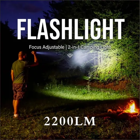 Lampe de Poche Rechargeable LED P70 Haute Luminosité 2-en-1 Lampe de Camping Alliage d'Aluminium Zoomable Étanche pour Camping Plein Air