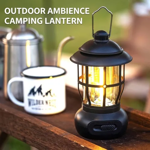 Retro Outdoor Camping Lantern USB Rechargeable LED Hurricane Lamp Portable Tent Light Stepless Dimming Hanging Atmosphere Lamp For Hiking Camping Emergency