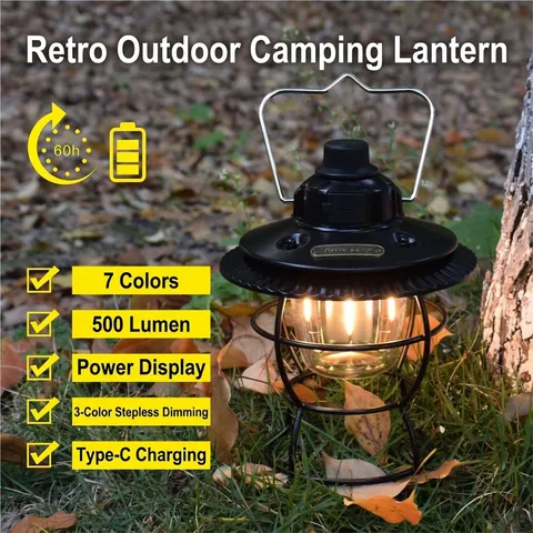 Retro LED Camping Lantern USB Rechargeable ABS Iron Portable Hanging Tent Light Waterproof Stepless Dimming Garden Atmosphere Lamp