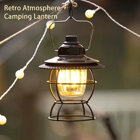 Retro LED Camping Lantern USB Rechargeable ABS Iron Portable Hanging Tent Light Waterproof Stepless Dimming Garden Atmosphere Lamp