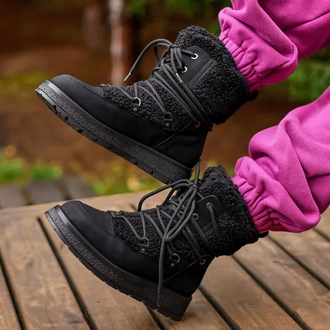 Stivali da Neve Caldi Invernali da Donna Scarpe di Cotone Alte con Zeppa Spessa Foderate in Pile Casual Antiscivolo Stringate Comfort Calzature