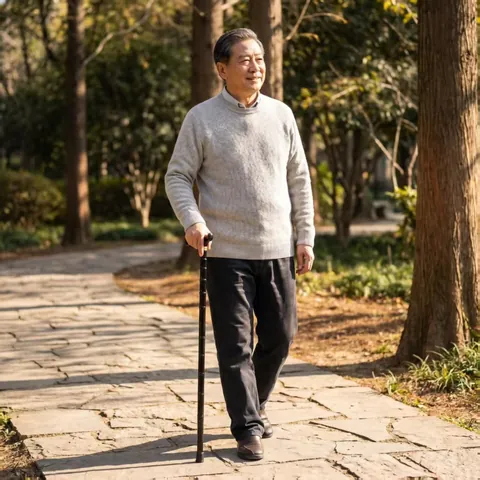 Solid Wood Walking Cane For Elderly Lightweight Hiking Stick Curved Handle With Metal Decorative Ring Outdoor Walking Aid