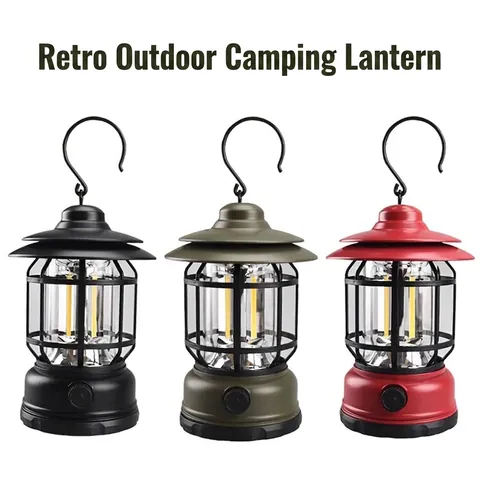 Retro LED Camping Lantern Rechargeable Portable Hurricane Lamp With Metal Hook For Outdoor Tent Camp Home Garden Decor