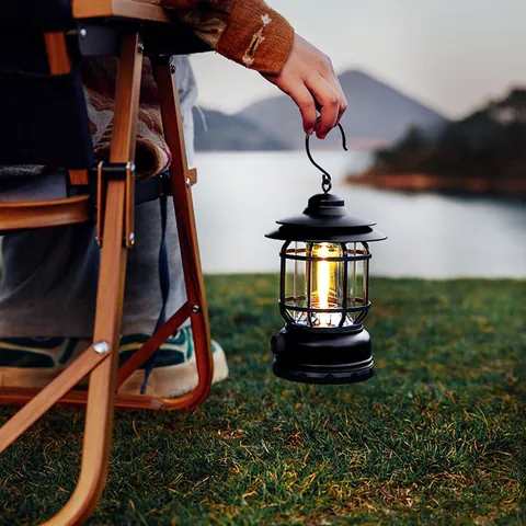 Retro LED Camping Lantern Rechargeable Portable Hurricane Lamp With Metal Hook For Outdoor Tent Camp Home Garden Decor