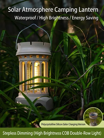 Retro Solar Powered LED Camping Lantern With COB Light Stepless Dimming Rechargeable Portable Hanging Tent Lamp For Outdoor Emergency
