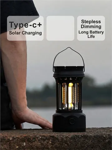 Retro Solar Powered LED Camping Lantern With COB Light Stepless Dimming Rechargeable Portable Hanging Tent Lamp For Outdoor Emergency