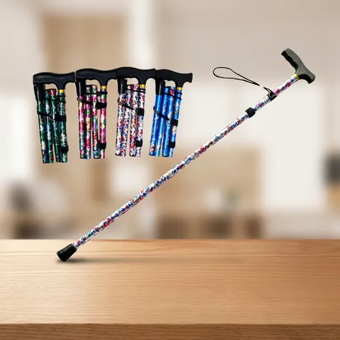 Canne de Marche Pliable en Alliage d'Aluminium Imprimé Floral Bâton de Marche Réglable en Hauteur Canne Poignée en T pour Seniors Randonnée