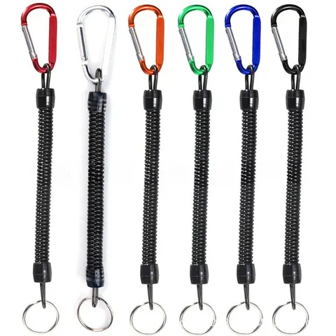 Retractable Fishing Lanyard Spiral Spring Rope Aluminum Carabiner For Rod Protection Outdoor Gear Security Lure Lanyard