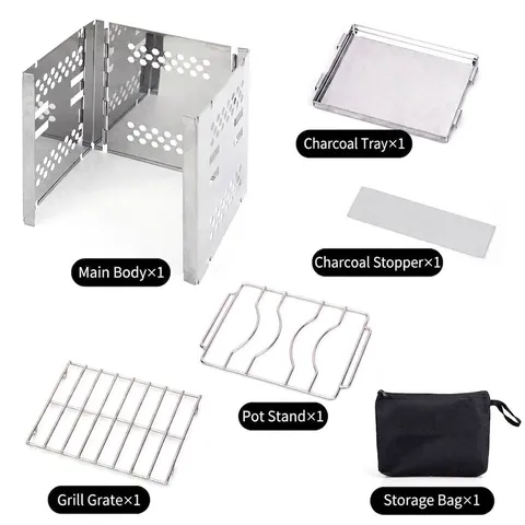 Stufa a Legna Portatile in Acciaio Inossidabile Mini Barbecue Pieghevole per Campeggio Esterno Picnic Cucina Argento