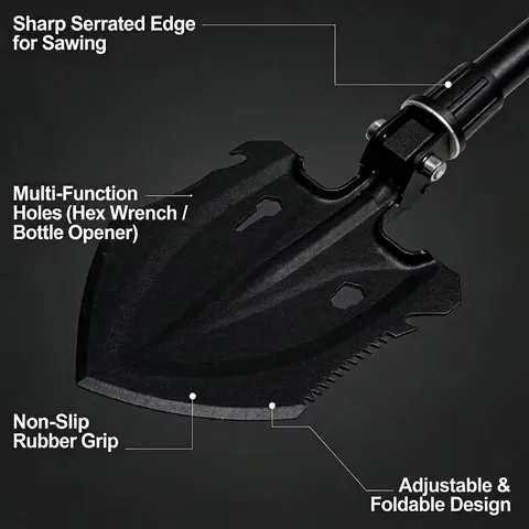 Pala de Supervivencia Plegable Multifuncional de Acero de Aleación Pala Táctica para Acampar al Aire Libre Cavar Serrar con Bolsa