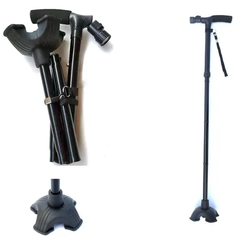 Aluminum Alloy Telescopic Folding Walking Stick For Elderly With LED Light Double Armrest Non-Slip Base Mobility Aid Cane