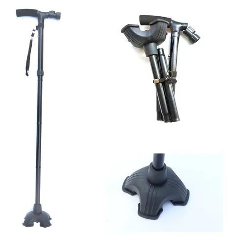 Aluminum Alloy Telescopic Folding Walking Stick For Elderly With LED Light Double Armrest Non-Slip Base Mobility Aid Cane