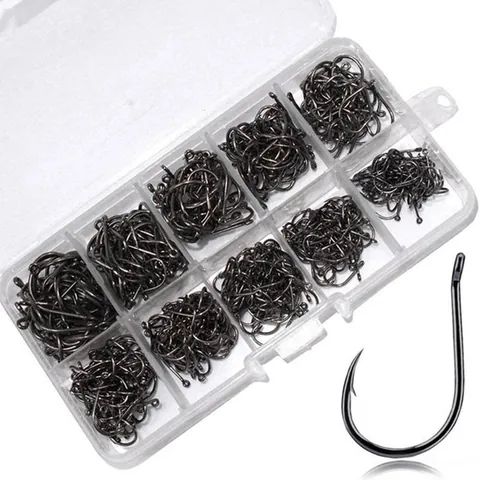 High Carbon Steel Eyed Fishing Hooks Assorted Sizes Bulk Set With Plastic Storage Box For Outdoor Angling