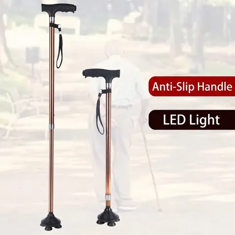Multifunctional Elderly Walking Cane Aluminum Alloy Adjustable Telescopic Hiking Pole with LED Light Anti-Slip Four-Foot Base