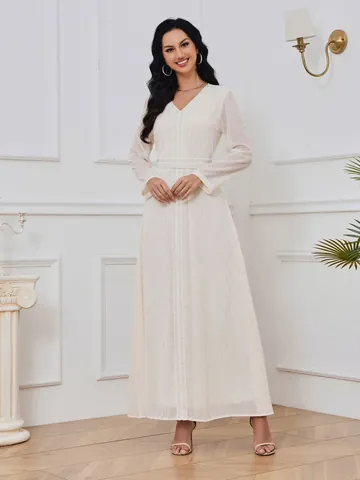 Robe Longue Kaftan Élégante pour Femme avec Marquage à l'or Col en V et Ceinture Abaya Ethnique Manches Longues pour Fête