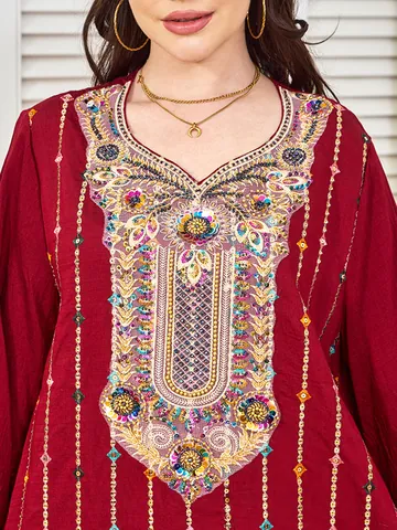 Robe Longue de Style Ethnique pour Femmes Brodée de Paillettes Élégante Robe de Soirée à Manches Longues en Polyester