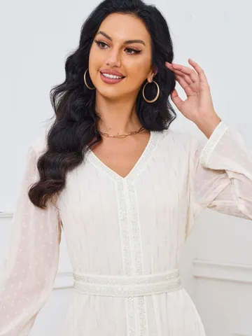 Robe Longue Kaftan Élégante pour Femme avec Marquage à l'or Col en V et Ceinture Abaya Ethnique Manches Longues pour Fête