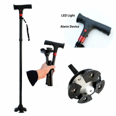 Bastone da Passeggio Pieghevole in Lega di Alluminio per Anziani Con Luce LED Base Antiscivolo Aiuto alla Mobilità