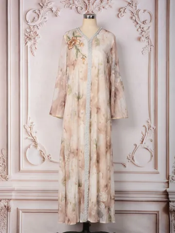 Robe Maxi Élégante MT542 Pour Femmes Manches Longues Avec Strass Perles Broderie Florale Abaya Pour Banquet