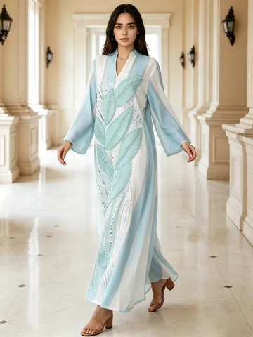 Women Ethnic Floral Beading Sequin Long Dress Elegant Loose Kaftan Abaya Party Gown Polyester Patchwork Striped Maxi Dress