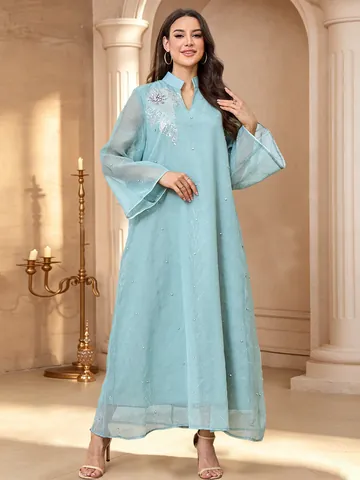 Robe Maxi Élégante pour Femmes Abaya avec Strass et Perles Col en V Manches Longues Polyester Style Ethnique Soirée