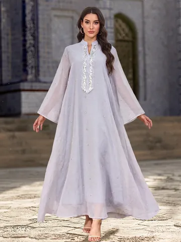 Robe Maxi Abaya Élégante en Maille de Polyester pour Femmes Kaftan Turc Avec Motif de Vagues en Strass Perlé Robe de Soirée