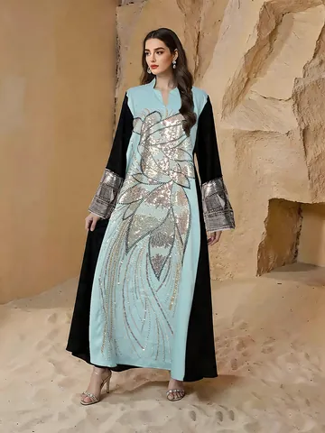 Robe Maxi Patchwork avec Applique en Perles Ethnique Élégante Manches Longues Pull Musulman Abaya Kaftan pour Femme Robe de Soirée