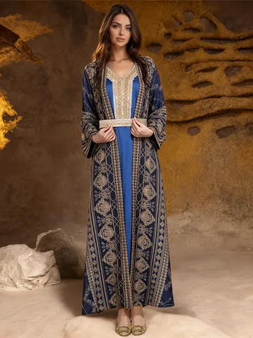 Elegant Embroidered Maxi Dress Top And Bottom For Women Muslim Kaftan Abaya Belt Ethnic Style Robe Party Banquet Clothing