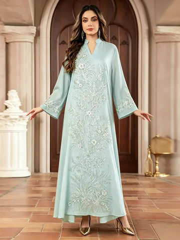 Robe Maxi pour Femmes Élégante Style Ethnique Brodée Perles Paillettes Abaya Fluide Manches Longues Floral Caftan Banquet