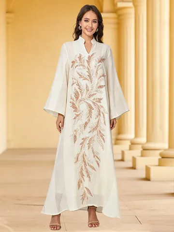 Women Elegant Beaded Applique Maxi Dress Kaftan Long Sleeve Banquet Party Evening Gown Middle Eastern Style Robe