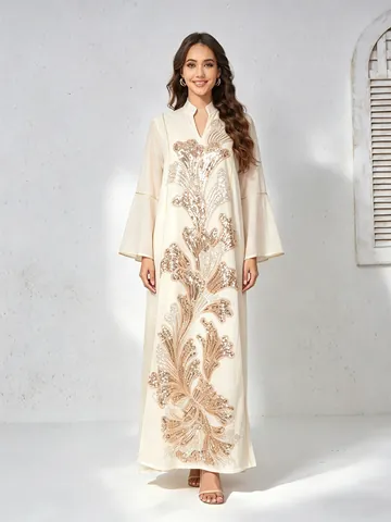 Robe Longue de Luxe en Polyester avec Broderie à Paillettes Manches Cloches Col Montant Abaya Kaftan Mode Femme