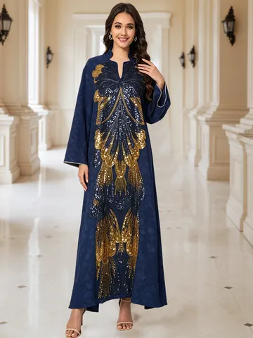 Women Elegant Butterfly Embroidery Sequin Maxi Dress Heavy Work V Neck Long Sleeve Party Evening Gown Long Dress