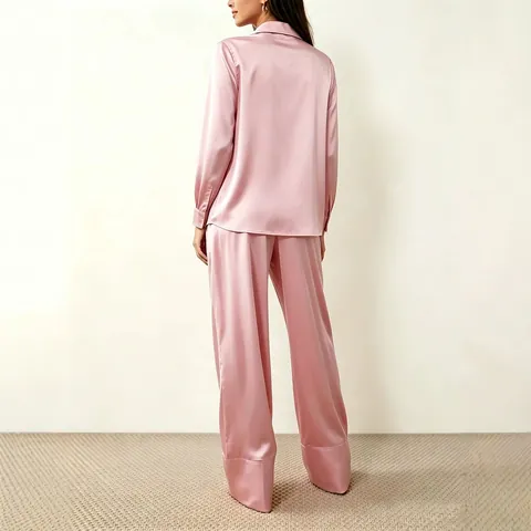 Mujer Manga Larga Satén Camisa Y Pata Ancha Pantalones Dos Piezas Minimalista Color Sólido Lounge Wear Top Y Bottom