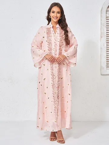 Women Embroidered Mesh Beaded Kaftan Maxi Dress Long Sleeve Floral Sequin V Neck Loose Bohemian Gown For Vacation Party Evening