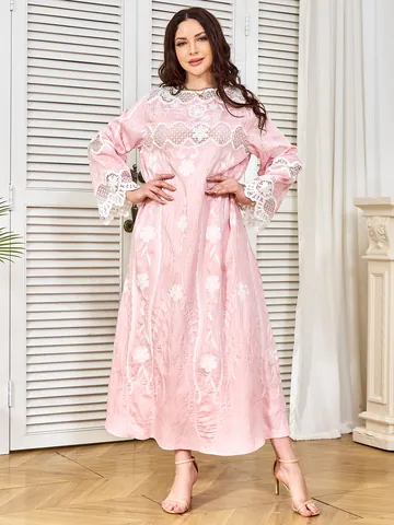 Elegante Abito Maxi Rosa in Poliestere con Ricamo Floreale Strass Pizzo Patchwork Manica Lunga Abito da Sera per Banchetto Donna