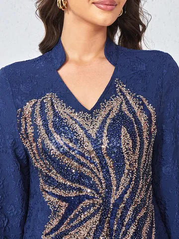 Elegant Women Polyester Sequin Applique Maxi Dress Ethnic Heavy Work Patchwork Long Sleeve Evening Party Dress