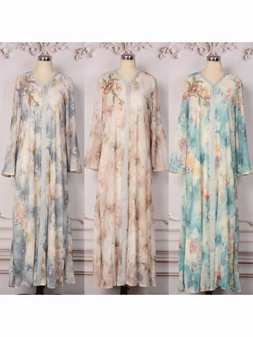 Robe Maxi Élégante MT542 Pour Femmes Manches Longues Avec Strass Perles Broderie Florale Abaya Pour Banquet