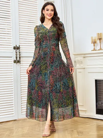 Elegant Women V-Neck Long Sleeve Maxi Dress Rhinestone Embellished Abstract Floral Print Banquet Evening Dress Pleated Gown