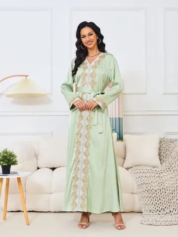 Women Elegant V-Neck Long Sleeve Maxi Dress Polyester Hot Drilling Ethnic Large Swing Party Kaftan Dress With Belt