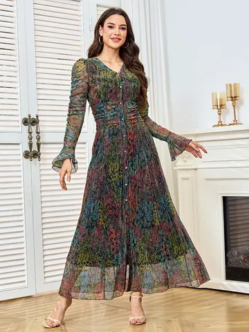 Elegant Women V-Neck Long Sleeve Maxi Dress Rhinestone Embellished Abstract Floral Print Banquet Evening Dress Pleated Gown