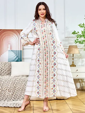 Bohemian Embroidered V-Neck Maxi Dress For Women Ethnic Sequined Long Sleeve Kaftan Abaya Loose Banquet Party Dress