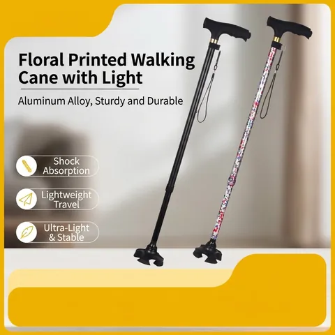 Aluminum Alloy Adjustable Walking Cane With LED Light Shock Absorption Quad Base Floral Printed Hiking Pole For Elderly
